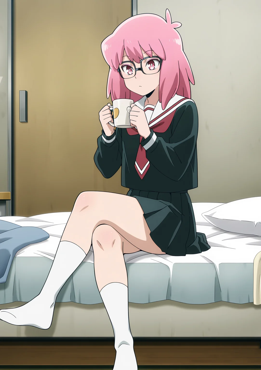 detailed background, official style,anime coloring, (anime screencap) masterpiece, detailed face,1girl <lora:Kazuho_Haneyama_Pop_Step!-10:0.9>pop-step, pink hair, glasses, solo, crossed legs, cup, school uniform, skirt, sitting, socks, mug, medium hair, black-framed eyewear, indoors, black skirt, pink eyes, white socks, black shirt, serafuku, pink eyes, table, bed, holding, shirt