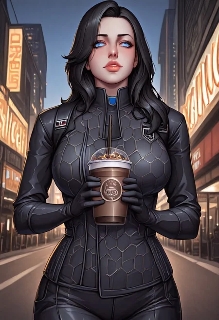 masterpiece, best quality, amazing quality, very aesthetic, absurdres, newest, 1girl, solo focus, cowboy shot, miranda_lawson_(mass_effect), miranda, 1girl, black hair, medium breasts, long hair, lips, blue eyes, detailed_eyes, expressive_eyes, holding iced coffee cup, sipping iced coffee using straw, dynamic_lighting, sunset, golden_hour, akihabara, tokyo, urban_street, neon_lights, bustling_crowds, vending_machines, hanging_lanterns, stylish_outfit, futuristic_aesthetic, subtle_mass_effect_design, cinematic_perspective, warm_glow, illuminated_signs, depth_of_field, detailed_background, high_resolution, intricate_shading, ultra-detailed, sharp lines, c0mix, artist:moriimee
