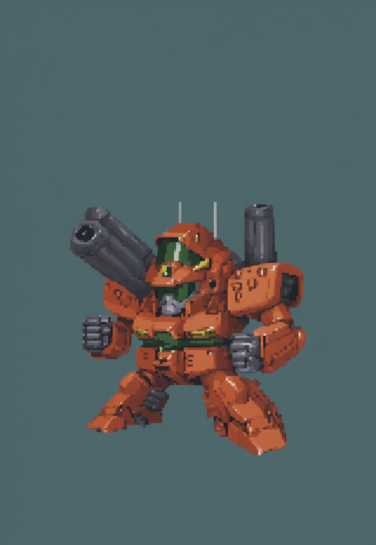 (full body view), (masterpiece), (ultra detailed), best quality, HDA_PixelArtXL_v1.2, guncannon_mass_production_type, green backgroundm, chibi, simple background, SRWFStyle