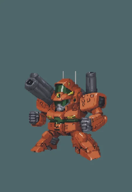 (full body view), (masterpiece), (ultra detailed), best quality, HDA_PixelArtXL_v1.2, guncannon_mass_production_type, green backgroundm, chibi, simple background, SRWFStyle