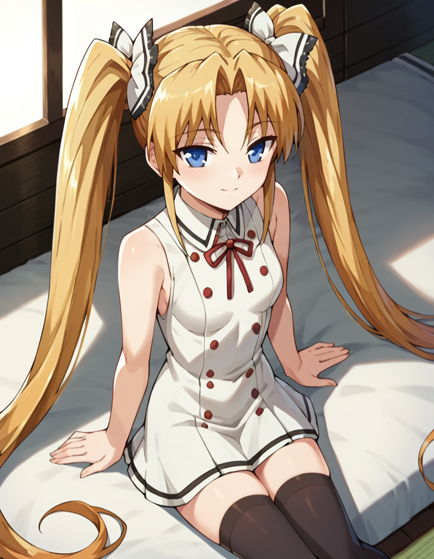 score_9,score_8_up,score_7_up,score_6_up,score_5_up,score_4_up,1girl,  <lora:miyu_kuonji:0.75> miyu_kuonji,small breasts,blonde hair,very long hair,hair ribbon,twintails,white dress,sleeveless, black thighhighs,zettai ryouiki,sitting,smile,look up,looking at viewer,from above