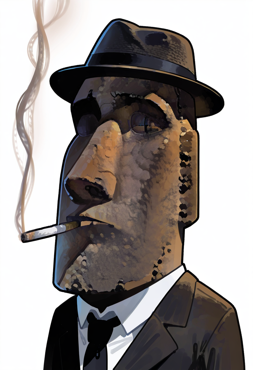 masterpiece, best quality, no humans,   zzMoai, black headwear, black jacket, cigarette, collared shirt, fedora, formal, hat, jacket, modercated, original, shirt, smoking, suit, white background, white shirt  ,<lora:MoaiEasterIsland_IXL:1.0>,