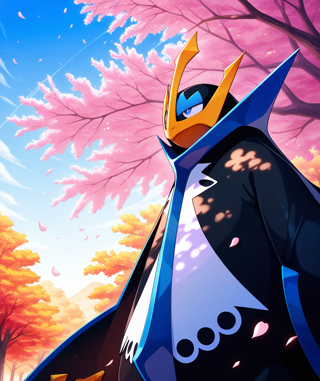 ((vibrant, detailed, detailed background, amazing quality, colorful, masterpiece, 8k, rtx)), beutiful background, <lora:empoleon-illus-15:0.9> pempo, 1other, pinguin_boy, (empoleon), (solo, alone), falling petals, cherry blossom, from below, looking away, dappled sunlight, 
autumn, floating petals, magic moment, upper body,