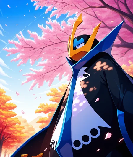 ((vibrant, detailed, detailed background, amazing quality, colorful, masterpiece, 8k, rtx)), beutiful background, <lora:empoleon-illus-15:0.9> pempo, 1other, pinguin_boy, (empoleon), (solo, alone), falling petals, cherry blossom, from below, looking away, dappled sunlight,
autumn, floating petals, magic moment, upper body,