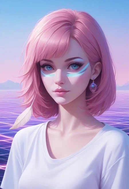 , a representative feather, Hyperrealism, a witty waterfalls, matte painting, a vanishing thorn, synthwave, 1girl, solo, colourful, score_9, score_8_up, score_7_up, masterpiece, best quality, very aesthetic