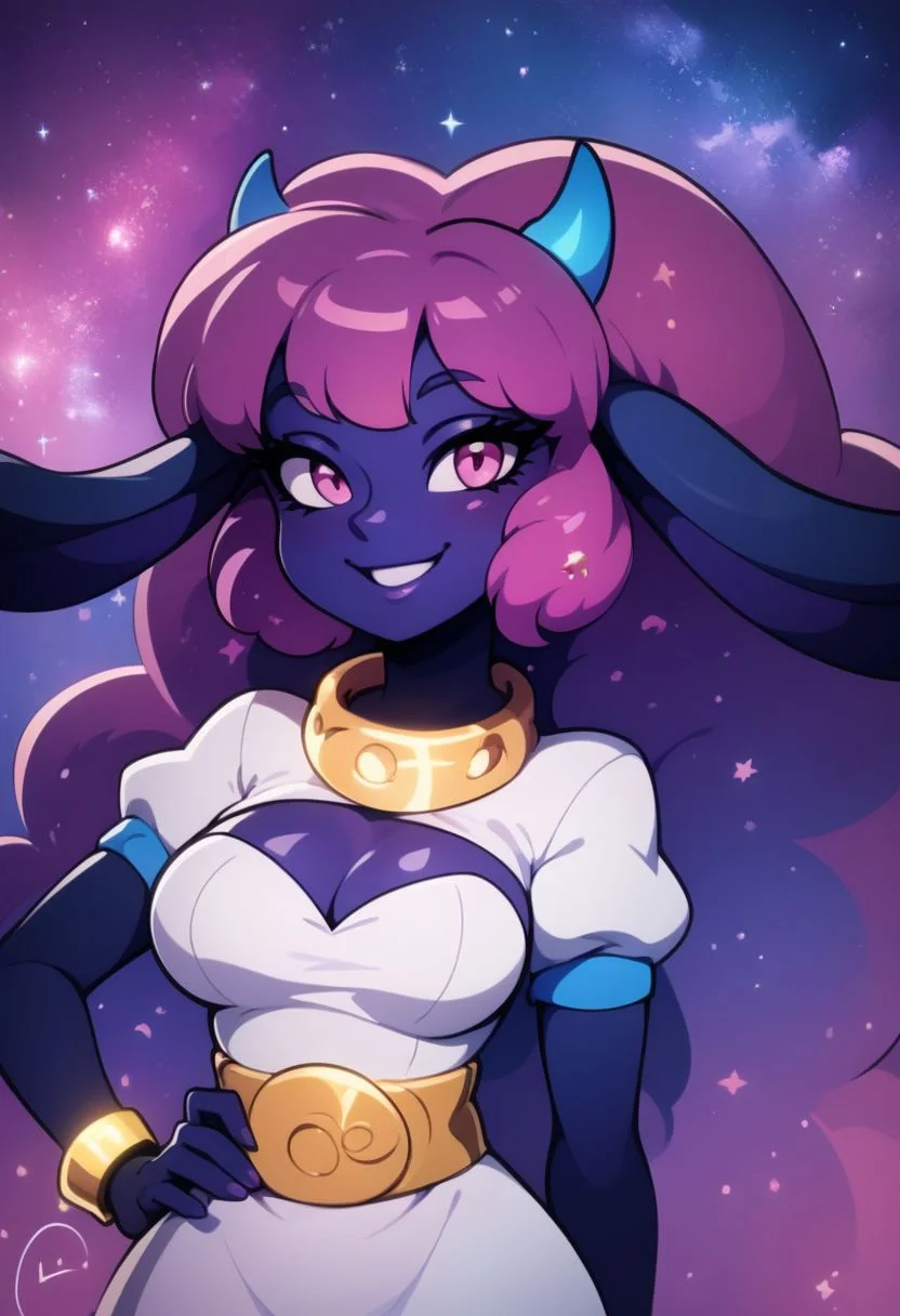 score_9, score_8_up, score_7_up, pretty girl, vivid bright colors, highly sexual poses, pinup art, solo,
BREAK,
zzDaedream, long floating hair, big hair, purple skin, 1girl, blue horns, glowing pink hair, pink eyes, gradient hair, purple hair, starry hair, animal ears, long ears, space background, starry sky, glowing,
BREAK,
white dress, gold belt, gold bracelets,
BREAK,
solo, smile, blush, looking at viewer, contrapposto, hip to the side, hand on hip,