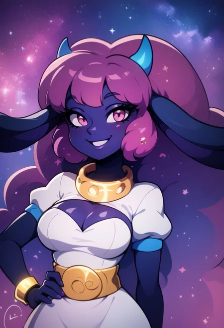 score_9, score_8_up, score_7_up, pretty girl, vivid bright colors, highly sexual poses, pinup art, solo,
BREAK,
zzDaedream, long floating hair, big hair, purple skin, 1girl, blue horns, glowing pink hair, pink eyes, gradient hair, purple hair, starry hair, animal ears, long ears, space background, starry sky, glowing,
BREAK,
white dress, gold belt, gold bracelets,
BREAK,
solo, smile, blush, looking at viewer, contrapposto, hip to the side, hand on hip,