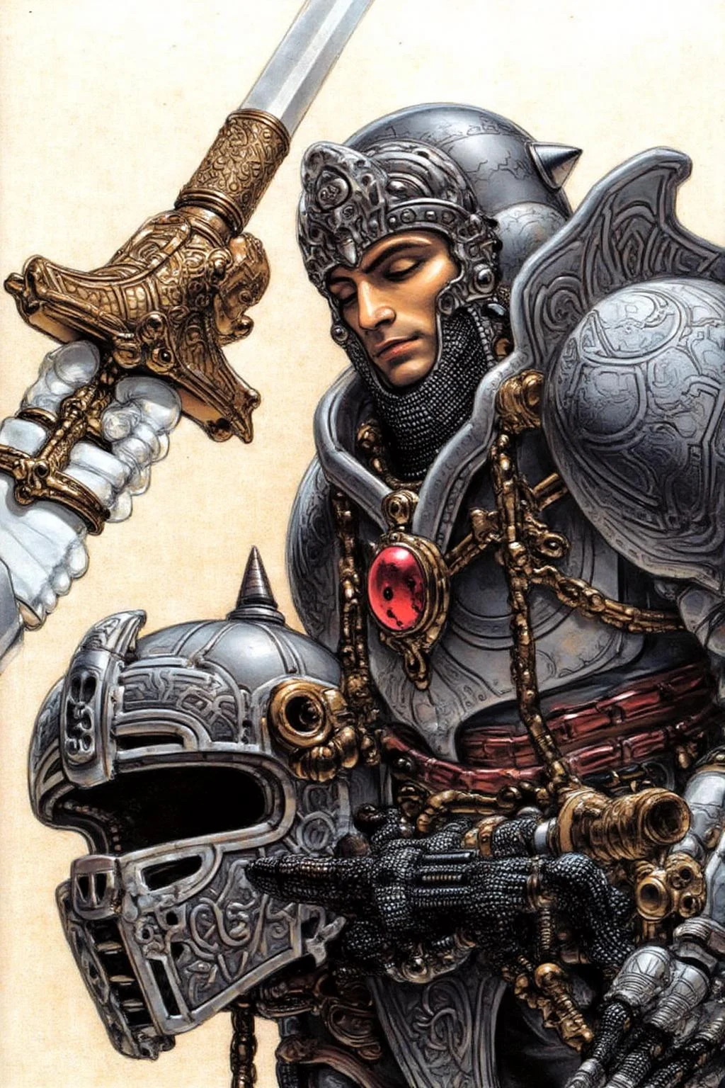 juangimenez1 illustration. A knight, his eyes closed, is dressed in elaborate armor. The armor has silver and gold tones with intricate designs. He wears a helmet with a prominent crest and a red gemstone around the neck area. He holds a large helmet with spikes in his hand. On the left is a pair of hands holding a large sword with a dragon-like hilt adorned with ornate patterns. <lora:juangimenez1_cap_d8a4e12:1.0><lora:857651810469426059:0>
