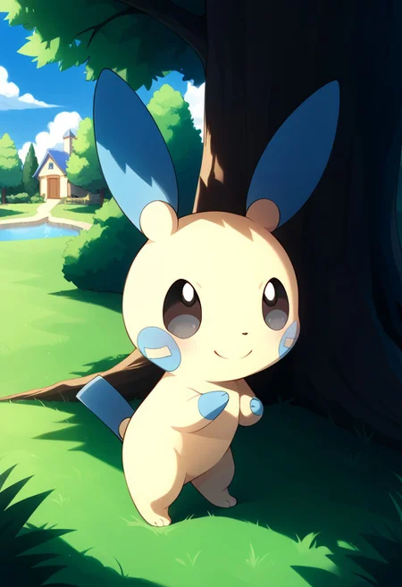 (source_anime, source_furry, score_9:1), (score_8_up, score_7_up:1), rating_explicit, BREAK solo, mouth, ,smile, ,,, garden,tree,house,,Pokemon (creature),cute,cute face, ,,,,,Minun
