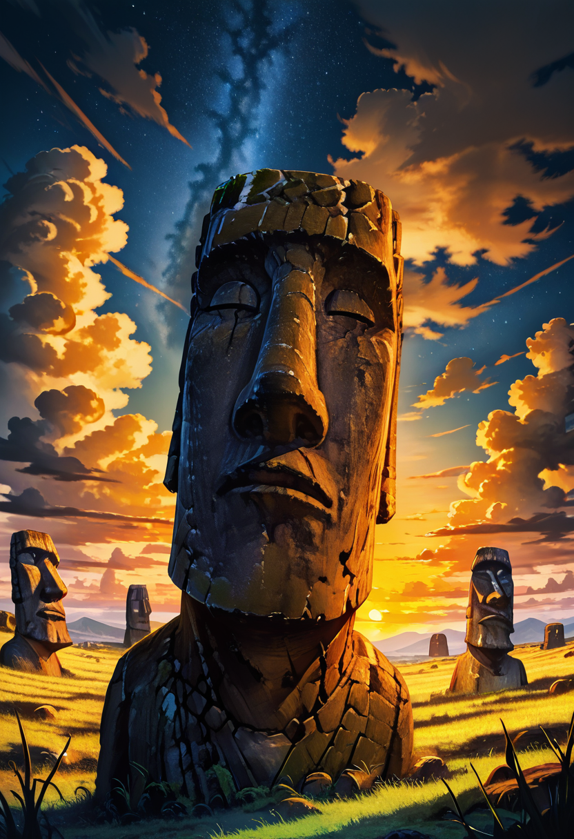 masterpiece, best quality, no humans,   zzMoai, outdoors, sky, cloud, water, cloudy sky, grass, star (sky), scenery, sunset, ruins  ,<lora:MoaiEasterIsland_IXL:1.0>,