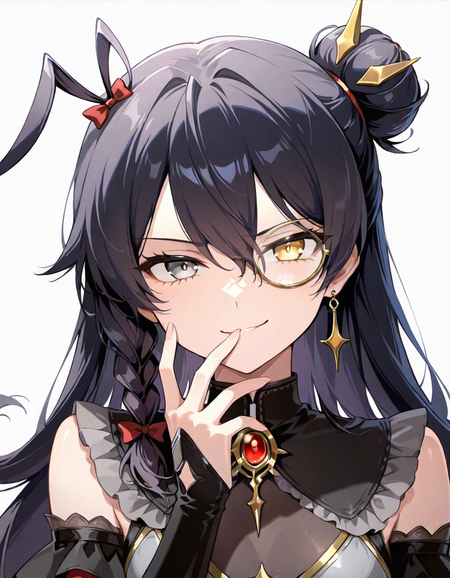 Volumetric Lighting, (masterpiece), (best quality), (ultra-detailed), masterpiece, source_anime, score_9, score_8_up, score_7_up BREAK, illustration, disheveled hair, detailed eyes, perfect composition, moist skin, intricate details, detailed eyes, detailed face, detailed fingers BREAK, Darture, black hair, single bun, antenna hair, single braid, heterochromia, grey eye, yellow eye BREAK, Darturedef, def_layered_dress, def_hair_ornament, def_hair_bow, def_brooch, def_gloves, def_monocle, def_uneven_sleeve, def_earrings, def_single_earring BREAK, ((white background)), looking at viewer, smile, upper body, hand up,smirk, face focused