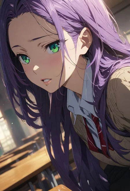 gorgeous lips, (masterpiece), (best quality), (ultra-detailed), very aesthetic, illustration, perfect composition, intricate details, absurdres, detailed face, (anime, masterpiece, intricate:1.3), (best quality, hires textures, high detail:1.2), (4k),(incredibly detailed:1.4) 
vibrant colors, female, masterpiece, sharp focus, best quality, depth of field, cinematic lighting, purple hair, very long hair, green eyes, black thighhighs, indoors, classroom, school uniform,