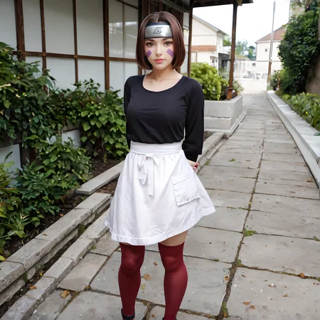 nohara rin, short hair, brown hair, purple facial mark, brown eyes, forehead protector, looking at viewer, black shirt, long sleeves, white apron, bracelet, red thighhighs, sandals, arms behind back, outdoor, summer, sunny day,
BREAK
level_9, level_8_up, level_7_up, masterpiece, <lora:Nohara Rin 1 rep-000010:0.5>