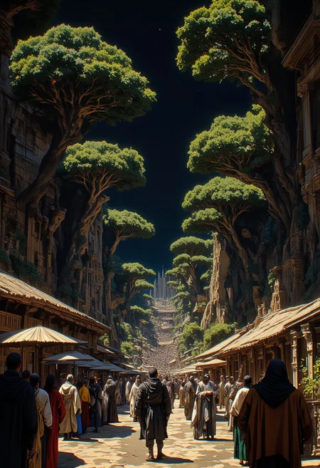 A luminous row of massive trees clipped into globular shapes, the species now extinct. 