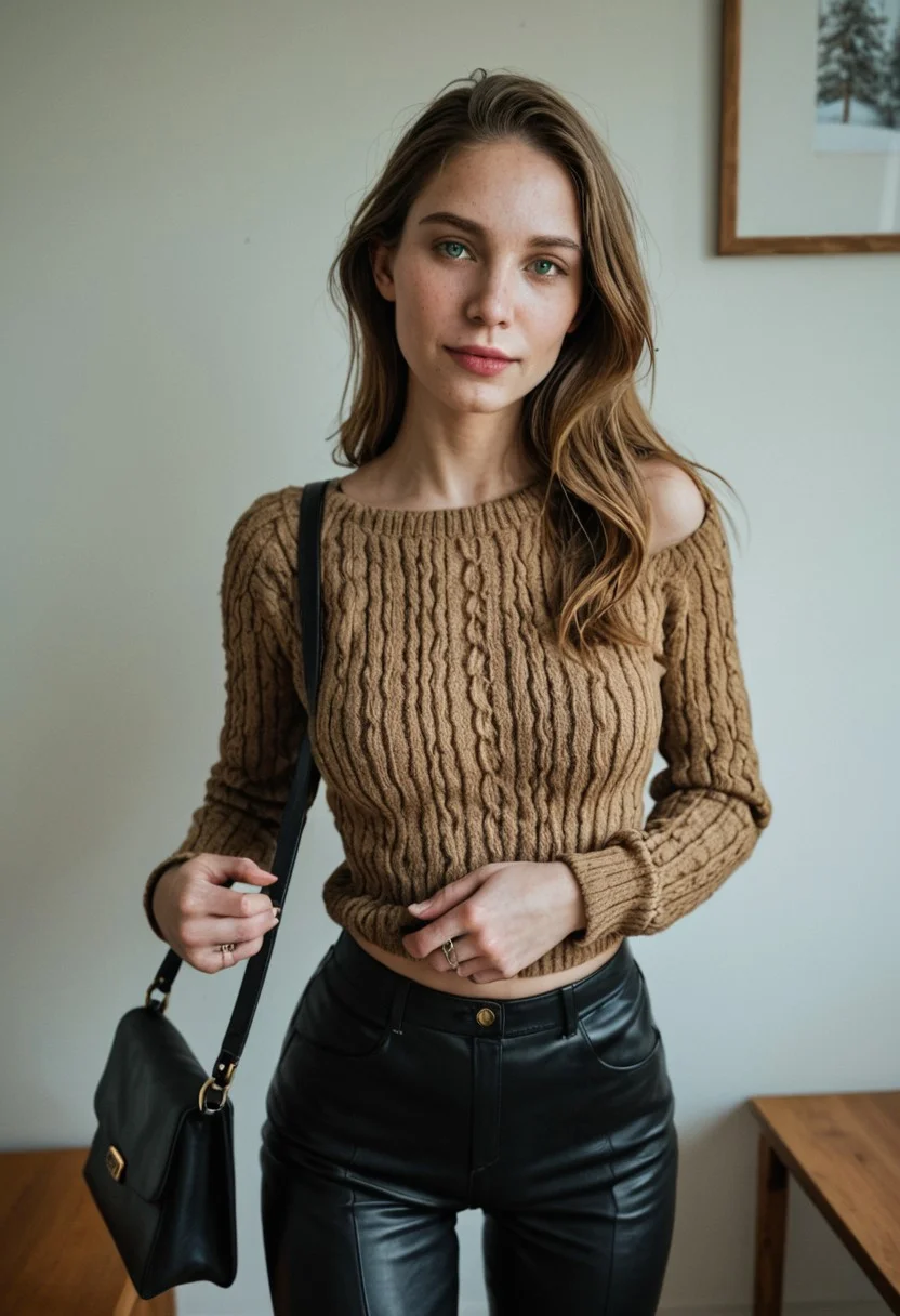 masterpiece, best quality, ultra-detailed, realistic skin, intricate details, highres, 1girl, 31-year-old woman, German descent, oval face, fair skin, light brown shoulder-length hair, green eyes, thin lips, medium bust, hourglass figure, wool sweater, tailored trousers, leather satchel, minimalist silver ring, mountain cabin background, pine forest, writer, focused demeanor, ultra realistic, 4k, (slutty pose:1.4)
