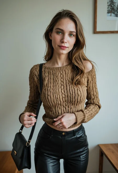 masterpiece, best quality, ultra-detailed, realistic skin, intricate details, highres, 1girl, 31-year-old woman, German descent, oval face, fair skin, light brown shoulder-length hair, green eyes, thin lips, medium bust, hourglass figure, wool sweater, tailored trousers, leather satchel, minimalist silver ring, mountain cabin background, pine forest, writer, focused demeanor, ultra realistic, 4k, (slutty pose:1.4)