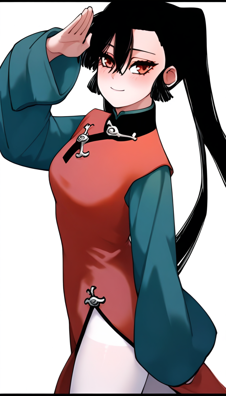 <lora:hudasheng:1>,hudasheng,1girl,long hair,red eyes,solo,long hair,black hair,hair between eyes,ponytail,pigtails,white_pantyhose,china_dress,red china_dress,long sleeves,green long sleeves,
standing,looking at viewer,smile,blush,light_blush,((white background,simple background,)),full_shot,from_side,, masterpiece,best quality,amazing quality,