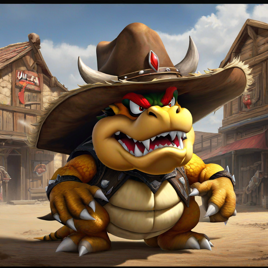 best quality, highly detailed,masterpiece,ultra-detailed,illustration, 
 <lora:Bowserxl:1.3>, Bowser, large, towering, old western town, cowboy hat, dusty, dry, tumbleweed,  detailed, realistic, 8k UHD, high quality, lifelike, precise, vibrant, absurdres,