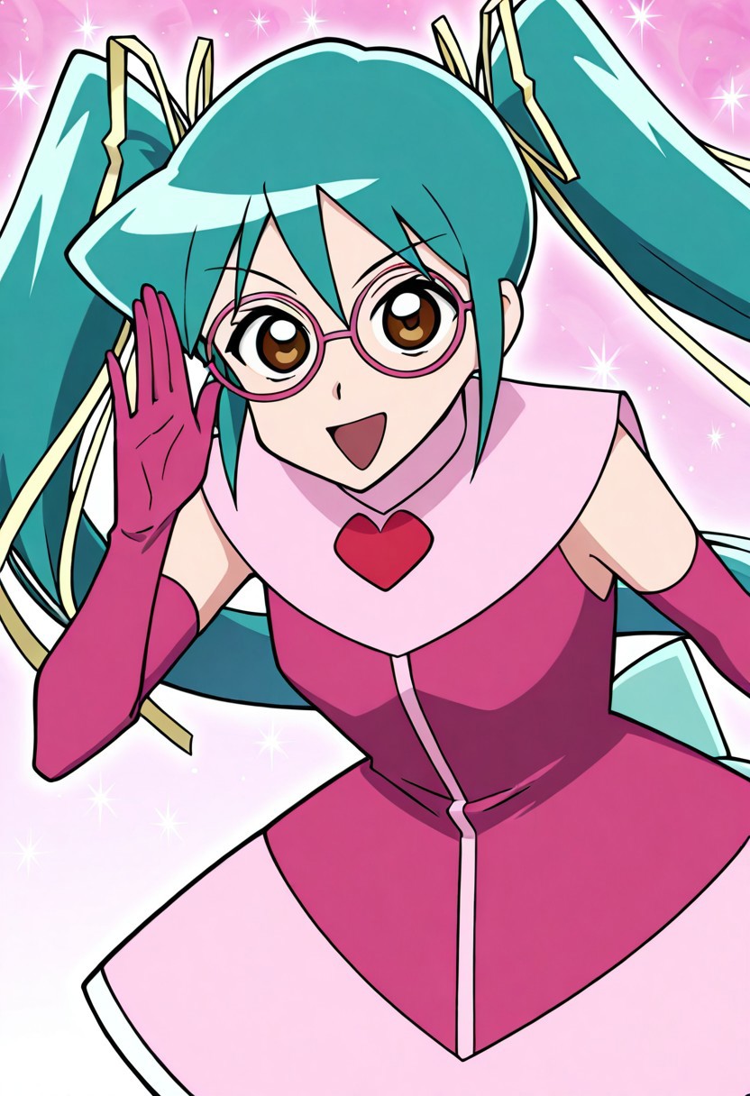 score_9, score_8_up, score_7_up, ASCII score_9, source_anime, 8K,best quality, hyper detailed,masterpiece, UHD,illustration,pretty misae s version 1, 1girl, solo,glasses, gloves, twintails, long hair, parody, open mouth, elbow gloves, ribbon, smile, hair ribbon, aqua hair, heart, magical girl, dress, cosplay, :d, anime art style