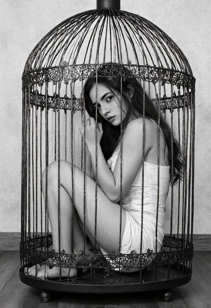 black-and-white photograph featuring a young woman seated inside a large, ornate birdcage. The woman, who appears to be in her early twenties, has long, dark hair cascading over her shoulders. She is dressed in a sleeveless, form-fitting dress that accentuates her slender physique and small breasts. Her skin tone is light, and she is sitting with her knees drawn up to her chest, her arms wrapped around her legs, and her head resting on her knees. The cage is made of thin, black metal bars, with an intricate, floral pattern etched into the bars. The cage is positioned centrally in the image, with the womanâs body occupying most of the foreground. The background is a plain, light-colored wall with a subtle texture, creating a stark contrast with the dark cage and the womanâs light clothing. The floor appears to be wooden, adding to the rustic feel of the setting. The lighting is soft and diffused, casting gentle shadows that highlight the contours of the woman's body and the cage's intricate details. The overall mood of the photograph is somber and introspective, with a strong emphasis on the theme of confinement and isolation.,aidmaimageupgrader, aidmaMJ6.1 <lora:aidmaMJ6.1-FLUX-v0.5:0.7> <lora:aidmaImageUprader-FLUX-v0.3:0.4>