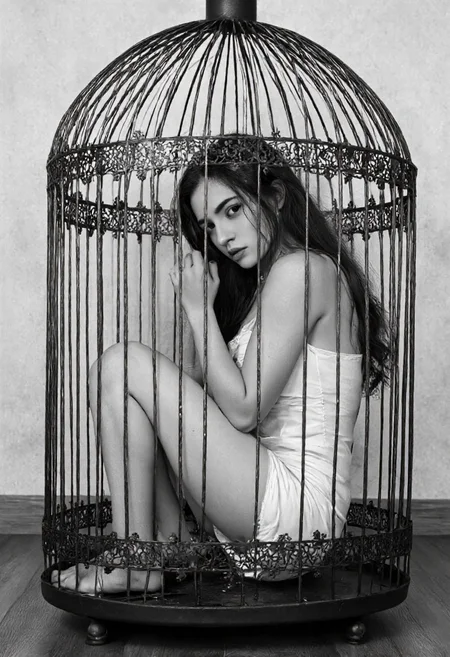 black-and-white photograph featuring a young woman seated inside a large, ornate birdcage. The woman, who appears to be in her early twenties, has long, dark hair cascading over her shoulders. She is dressed in a sleeveless, form-fitting dress that accentuates her slender physique and small breasts. Her skin tone is light, and she is sitting with her knees drawn up to her chest, her arms wrapped around her legs, and her head resting on her knees. The cage is made of thin, black metal bars, with an intricate, floral pattern etched into the bars. The cage is positioned centrally in the image, with the womanâs body occupying most of the foreground. The background is a plain, light-colored wall with a subtle texture, creating a stark contrast with the dark cage and the womanâs light clothing. The floor appears to be wooden, adding to the rustic feel of the setting. The lighting is soft and diffused, casting gentle shadows that highlight the contours of the woman's body and the cage's intricate details. The overall mood of the photograph is somber and introspective, with a strong emphasis on the theme of confinement and isolation.,aidmaimageupgrader, aidmaMJ6.1 <lora:aidmaMJ6.1-FLUX-v0.5:0.7> <lora:aidmaImageUprader-FLUX-v0.3:0.4>
