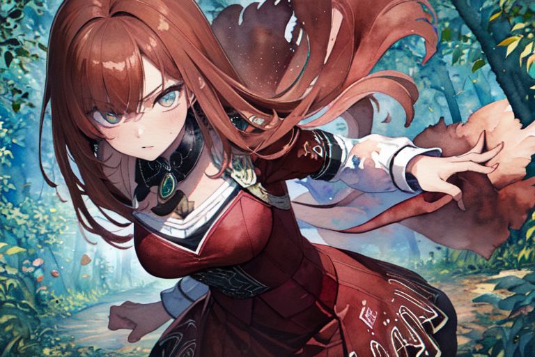 (masterpiece:1.4), 4K8K, (anime style, watercolor painting), (high shutterspeed:1.1), (sharp edges), 
flower rose, 1 woman prey with hands togather, neeling, leaning foward, 
wearing Celtic style dress, (Detailed face, Detailed eyes), 
(chestnut-colour:1.4), in the forest at night,