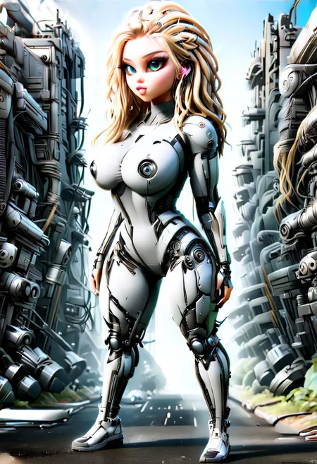 Masterpiece, Nigerian woman , african girl, darkskin, hazel eyes, big eyes, (((long blonde dreadlocks)), ((braided hair on sides)) , tattoo on arm, (((wide hips)))), ((semi muscular body)), 1girl,
huge breasts, sagging breasts, wide hips, massive round ass, thin waist,
earrings, choker, eyelashes, makeup, as a biomechanical cyberpunk bounty hunter in a dystopian future, wearing a sleek white cybernetic jumpsuit, with black metal trimming, commanding and threatening expression, cutting-edge tactical gadgets, razor-sharp wit, illegal tech and weapon manufacturing lab, half_ponytail_hairstyle,Asian woman, long hair, brown hair, golden skin, tan skin, athletic body, toned abs, ((tiny boobs)), tan, dark skin,<lora:more_details:0.5>, OverallDetail, KodakPhotoMaybe, braless, Wearing <clothes that make sense with Braless>, Tower-of-Doom-Mirax, braless, Wearing <clothes that make sense with Braless>, ((side profile)), full body view, Cinematic Girls With Guns Style, Cyberpunk city, Post apocalyptic, Cinematic Girls With Guns Style, braless, Wearing <clothes that make sense with Braless>, Post apocalyptic , Android , Robot , Futuristic image , Cyberpunk city, Utopia, facing viewer, very dark skin, ais-mechdystopia,