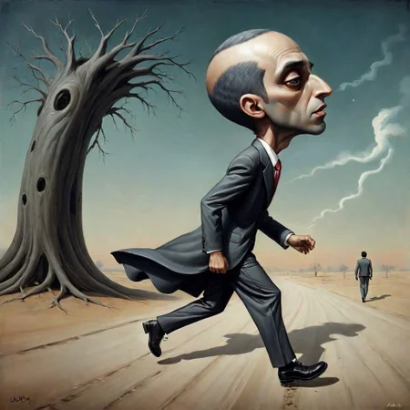 man running away from his own shadow juba gaga didi dompa mixi maxi snupp
 rooted man 
lowbrow art style  ,surreal.