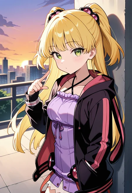 masterpiece, best quality, amazing quality, very aesthetic, absurdres, highres, newest, source_anime, (embedding:zPDXLxxx:1), Perfect Hands (girl:1.2), (little:1.2), Jougasaki_Rika, 1girl,solo,blonde_hair,(long_hair:1.3),two-side_up,green_eyes,1girl, solo, breasts,large breasts, pointing at viewer, <lora:yukariXL_LoRA-C3Lier_AdamW_Dim16_Alpha16_UN-3e-4_TE-1.5e-4_10batch_ponyDiffusionV6XL_v6StartWithThisOne:1>, yuzuki yukari, criss-cross halter, purple dress, black jacket, hooded jacket, long sleeves, animal ear hood, city, against wall, gradient sky, sunset, cloud