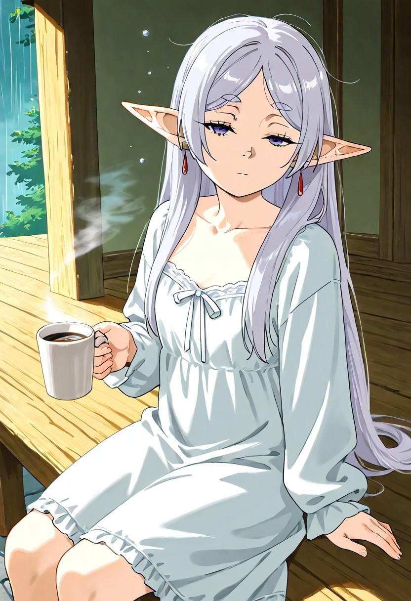 1girl, frieren, sousou no frieren, beautiful elf girl, long silver hair, messy and tousled from sleep, purple eyes, sleepy and relaxed expression, sitting on a wooden porch with rain gently falling around her, holding a cigarette in one hand and a steaming cup of coffee in the other, wearing a soft and slightly wrinkled nightgown, her hair slightly sticking out, a few strands on her face, raindrops falling softly on the ground and wooden railing, peaceful but tired atmosphere, soft glow from the porch light illuminating her face, slightly squinting due to the brightness, cinematic view from a slight angle, high level of detail, 8K