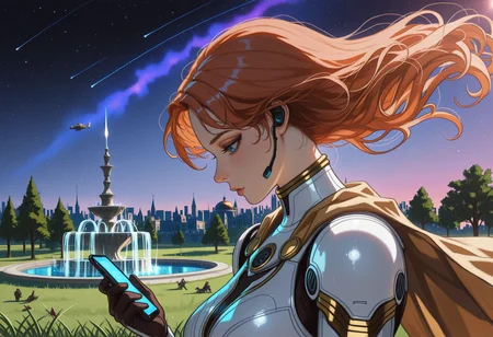 score_9, score_8_up, best quality, masterpiece, 1girl, ((close-up)), portrait, a human woman walking and alien people in the background, walking, from side, holding phone, holographic interface, looking down, solo focus,
armor, white armor, cape, long cape, earpiece,
long hair, floating hair, orange hair, blue eyes,
city, space habitat, space station, flying car, spacecraft, tree, fountain, grass, pond, path, nebula, sunlight, alien, dome, dusk, sunrise,
mass effect \(series\), science fiction,
4utumnd4rk4cademia, mossastyle
<lora:Autumn_Dark_Academia_Illu_Edition:0.6> <lora:AI_Illustration_Wet_Skin_Style:0.4> <lora:Mossastyle_Illust:0.9>