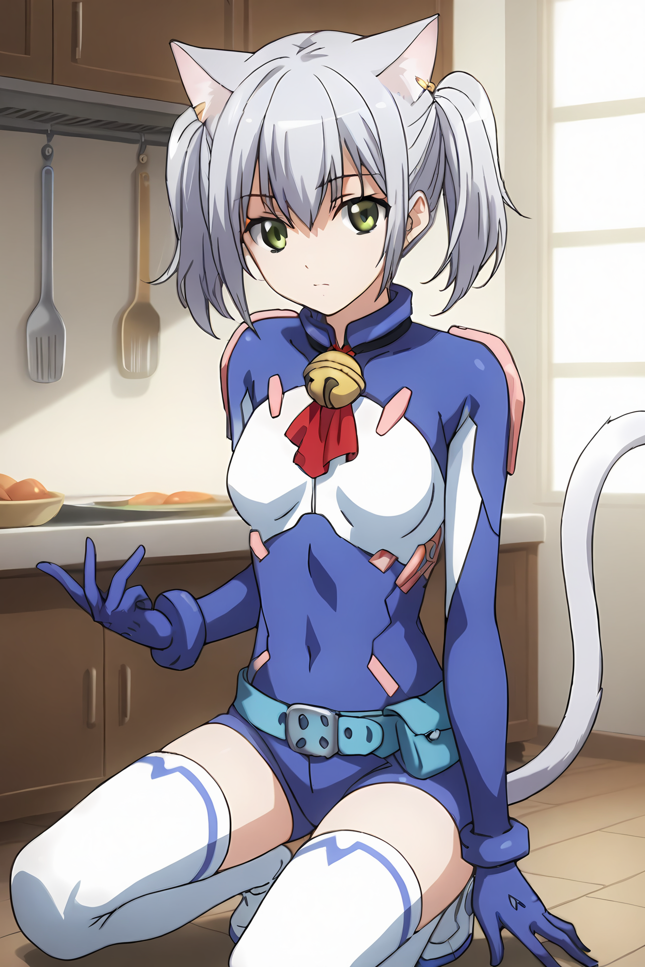 (blue bodysuit belt gloves white thighhighs thigh boots:1.50), cpc-chaika, short hair, short twintails, bangs, sidelocks, grey hair, hair between eyes, green eyes, cat ears, cat tail, neck bell,
1girl, solo, skinny, (source_anime, score_9, score_8_up, score_8, score_7_up), score_7, score_6_up, score_6, score_5_up, score_5, 
(:1.10),
(kitchen:1.30),
(straight-on:1.60), (:1.10),
medium breasts
<lora:cpc-chaika-V01-000004:0.80>