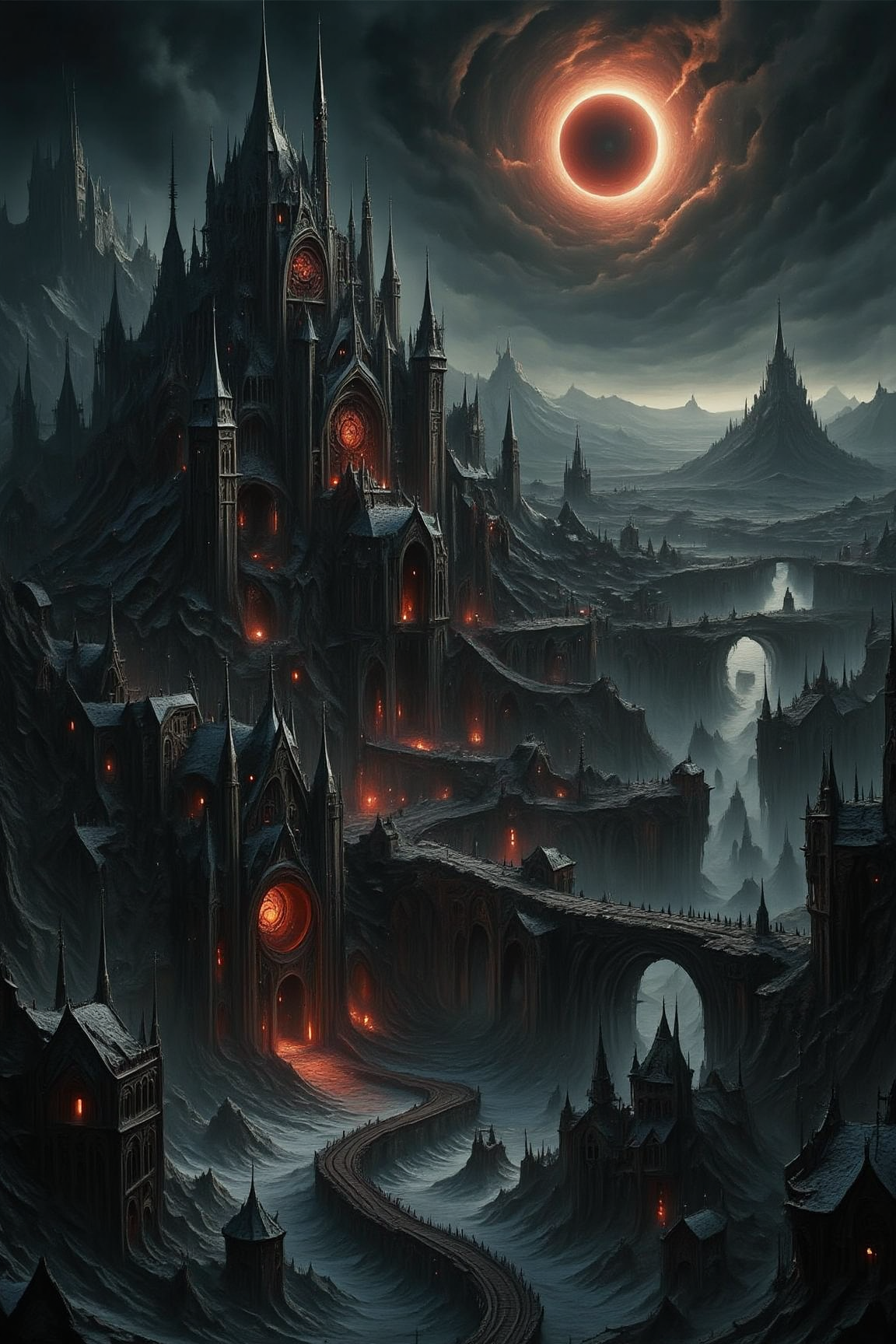 A destroyed large medieval coastal city with a port and castle walls, with many buildings on fire and destroyed, as it snows and the eye of a storm is visible in the sky among dark clouds, a solar eclipse is happening in the sky, the sear is stormy, a highly detailed masterwork of dark fantasy Oil Painting style, textured brush strokes, 8k resolution, detailed image, scary red lighting, hard lighting, dark colors, a distant shot with the entire city and the coastline being visible, vast hilly countryside is visible around the city and into the distance in the background.