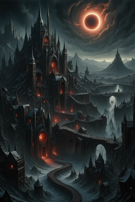 A destroyed large medieval coastal city with a port and castle walls, with many buildings on fire and destroyed, as it snows and the eye of a storm is visible in the sky among dark clouds, a solar eclipse is happening in the sky, the sear is stormy, a highly detailed masterwork of dark fantasy Oil Painting style, textured brush strokes, 8k resolution, detailed image, scary red lighting, hard lighting, dark colors, a distant shot with the entire city and the coastline being visible, vast hilly countryside is visible around the city and into the distance in the background.