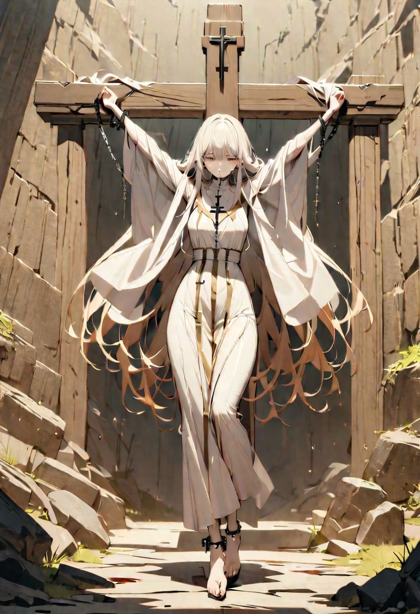 OverallDetailXL, CROSS_Y, Crucifixion, Stretch out Arms, Legs Together, (masterpiece:1.2), (best quality), 8K wallpaper, (highres), (ultra detailed:1.2), sharp lines, 
1 girl, solo, full body, anime style, (cross:1.3), (chains:1.2), (handcuffs:1.2), (anklets:1.2), (suspended:1.2), (feet off the ground:1.2), (spread arms:1.2), (closed legs:1.2), (long hair:1.1), (flowing hair:1.1), (long dress:1.1), (religious robes:1.1), (blood stains:1.1), (tears:1.1), (dark eyes:1.1), (fearful expression:1.1), (pale skin:1.1), 
(ancient temple:1.2), (stone altar:1.1), (religious symbols:1.1), (candles:1.1), (dark shadows:1.1), (dramatic lighting:1.1), (detailed background:1.1), (atmospheric:1.1), (fantasy:1.1), (horror:1.1),