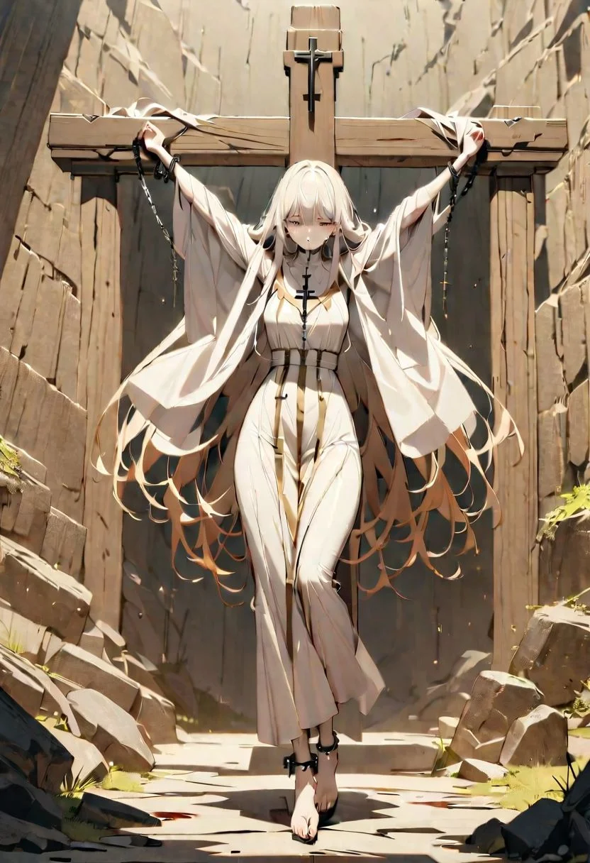 OverallDetailXL, CROSS_Y, Crucifixion, Stretch out Arms, Legs Together, (masterpiece:1.2), (best quality), 8K wallpaper, (highres), (ultra detailed:1.2), sharp lines,
1 girl, solo, full body, anime style, (cross:1.3), (chains:1.2), (handcuffs:1.2), (anklets:1.2), (suspended:1.2), (feet off the ground:1.2), (spread arms:1.2), (closed legs:1.2), (long hair:1.1), (flowing hair:1.1), (long dress:1.1), (religious robes:1.1), (blood stains:1.1), (tears:1.1), (dark eyes:1.1), (fearful expression:1.1), (pale skin:1.1),
(ancient temple:1.2), (stone altar:1.1), (religious symbols:1.1), (candles:1.1), (dark shadows:1.1), (dramatic lighting:1.1), (detailed background:1.1), (atmospheric:1.1), (fantasy:1.1), (horror:1.1),