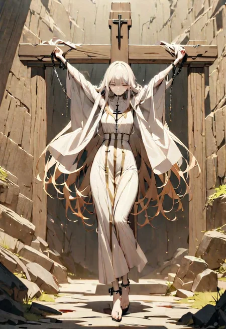 OverallDetailXL, CROSS_Y, Crucifixion, Stretch out Arms, Legs Together, (masterpiece:1.2), (best quality), 8K wallpaper, (highres), (ultra detailed:1.2), sharp lines,
1 girl, solo, full body, anime style, (cross:1.3), (chains:1.2), (handcuffs:1.2), (anklets:1.2), (suspended:1.2), (feet off the ground:1.2), (spread arms:1.2), (closed legs:1.2), (long hair:1.1), (flowing hair:1.1), (long dress:1.1), (religious robes:1.1), (blood stains:1.1), (tears:1.1), (dark eyes:1.1), (fearful expression:1.1), (pale skin:1.1),
(ancient temple:1.2), (stone altar:1.1), (religious symbols:1.1), (candles:1.1), (dark shadows:1.1), (dramatic lighting:1.1), (detailed background:1.1), (atmospheric:1.1), (fantasy:1.1), (horror:1.1),