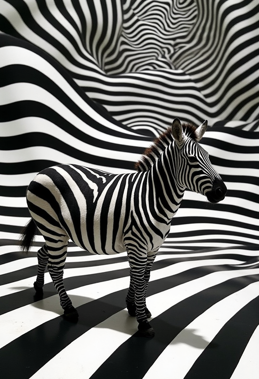 A captivating optical illusion of a zebra standing against a mesmerizing backdrop of alternating black and white horizontal stripes. The zebra's pose, with its curved body and head tilted towards the top-right corner, creates an illusory sense of motion amidst the static pattern. The stripes rise from the bottom, giving the impression of an infinite upward journey, merging art and perception in a visually striking manner.