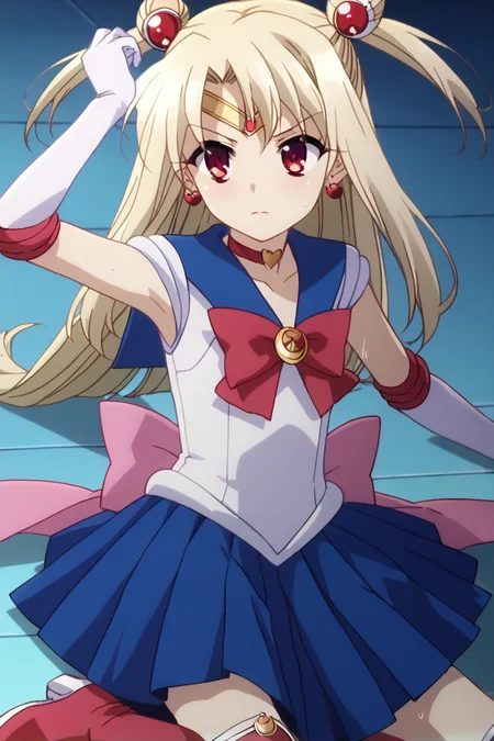 score_9, score_8_up, score_7_up , source_anime, intricate details, masterpiece, high quality, prefect hands, best quality , solo , 1girl , anime screencap, <lora:tweak-detail-xl:1> <lora:DetailedEyes_V3:1>,
,armpit ,sweating ,
, sailormooncosplay, sailor moon \(cosplay\), back bow, blue sailor collar, blue skirt, boots, bow, brooch, choker, crescent moon, elbow gloves, gloves, jewelry, knee boots, magical girl, pleated skirt, red bow, red choker, ribbon, sailor collar, sailor senshi uniform, skirt, white gloves,,<lora:sailor-moon-cosplay-ponyxl-lora-nochekaiser:1>
, long hair, red eyes, illya, female child , <lora:DetailedEyes_V3:1> <lora:tweak-detail-xl:1> <lora:illya.pony:1>