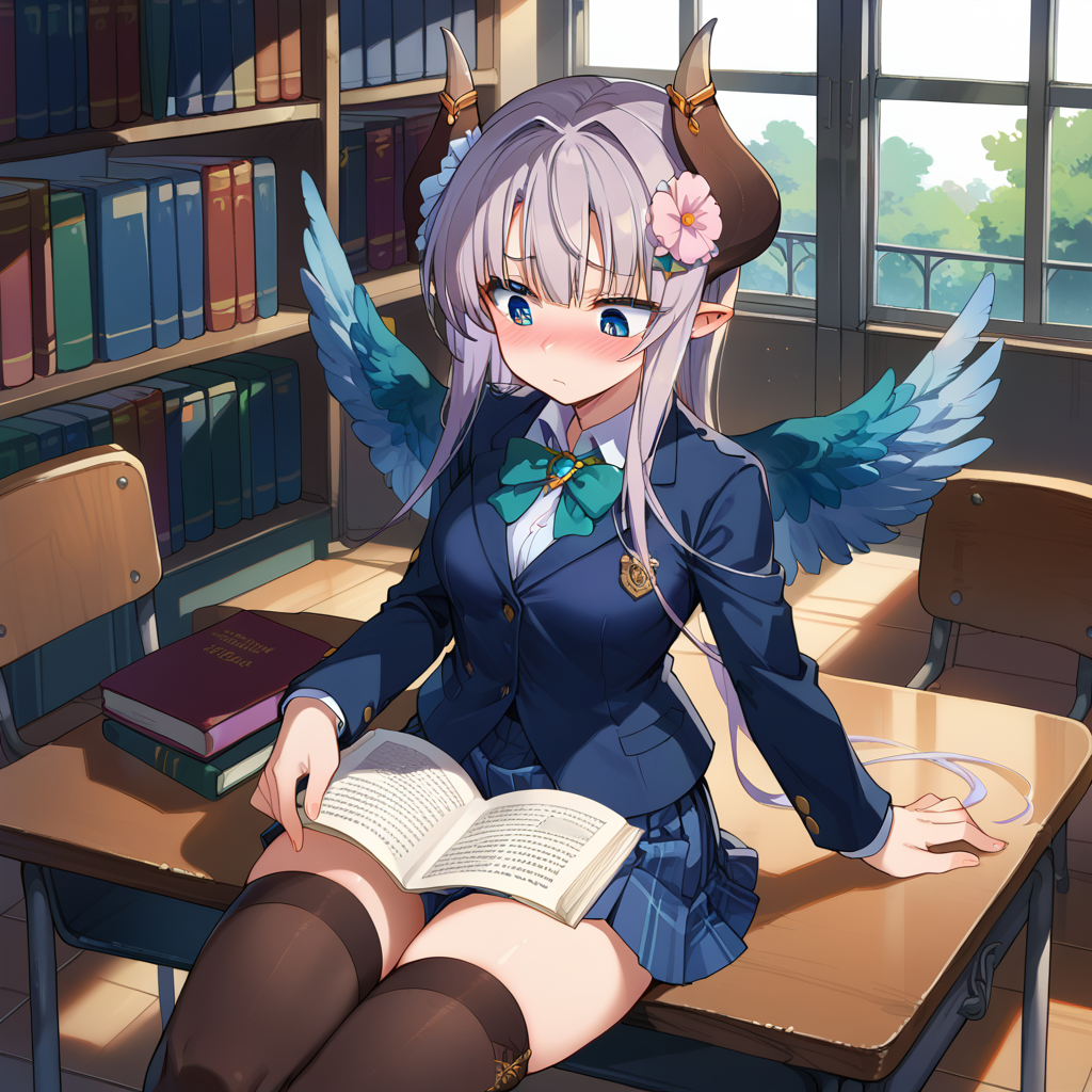 score_9, score_8_up, score_7_up, source anime, la hawzel, 1girl, horns, blue eyes, thighhighs, wings, pointy ears, long hair, grey hair, school uniform, open jacket, suit, hair flower, blush, desk, hands on desk, sitting on chair, reading, library, public, <lora:la_hawzel-xl-pony-v1:1>,