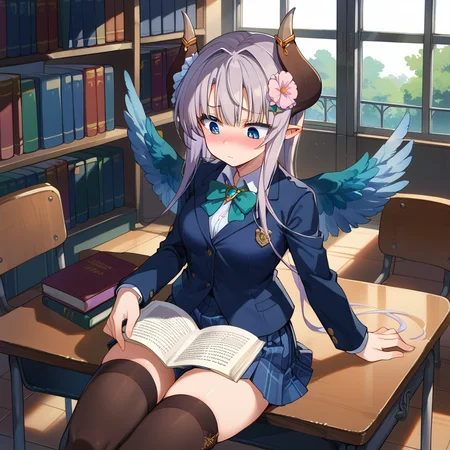 score_9, score_8_up, score_7_up, source anime, la hawzel, 1girl, horns, blue eyes, thighhighs, wings, pointy ears, long hair, grey hair, school uniform, open jacket, suit, hair flower, blush, desk, hands on desk, sitting on chair, reading, library, public, <lora:la_hawzel-xl-pony-v1:1>,