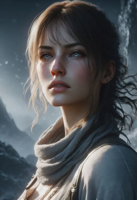 Minimalism, A character with an overhead view angle, lens flares, more dramatic lighting, deeper, a colder color grading, sweat, her expression is of fierce determination, 8k resolution, ultra HDR, and ghostly beauty. hourglass body with The image should reflect intricate details, raw photo quality, and a windy atmosphere. She is holding a sword in her hand. Make her wear shorts clothes. Add more realistic skin. Clear background. Make her more realistic. Remove motion blur. Make image quality same midjourney. Make image same concept game. Make her details and sharpness. Make her skin natural. Concept art portrait by Gottfried Helnwein. Add more graphics quality of Unreal Engine 5.