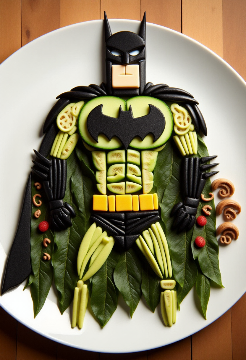 <lora:Food_Formations_FLUX-000016:1.1>
This is a photograph showcasing a meticulously arranged plate of food art, designed to resemble Batman in Gotham City.