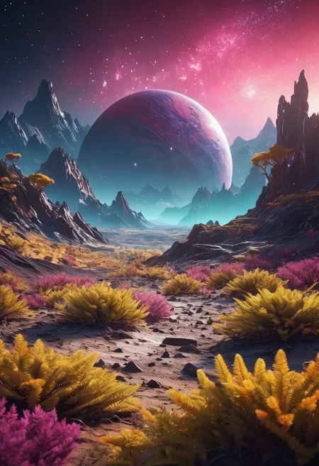 landscpae of the surface from a planet, mountains in the background, glowing plants, sci fi, fantasy, space art, galaxy background, tree on the planet, shotting stars, dynamic angle, intricate details, film grain, accent lighting, soft volumetric light, shallow depth of field, cinemagraph,