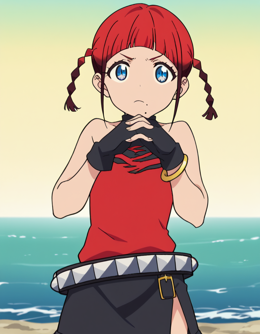score_9, score_8_up, score_7_up, source_anime, <lora:chise-asukagawa-s1-ponyxl-lora-nochekaiser:1>, chise asukagawa, short hair, blue eyes, braid, red hair, multicolored hair, mole, twin braids, gradient hair, mole under mouth, anime screencap,, skirt, gloves, bare shoulders, jewelry, belt, fingerless gloves, bracelet, sleeveless, red shirt, black skirt,, lighthouse, light, sea, tall, guidance, , <lora:gendou-pose-ponyxl-lora-nochekaiser:1>, gendou pose, own hands clasped, own hands together, parody,, looking at viewer, solo,, dutch angle, cowboy shot