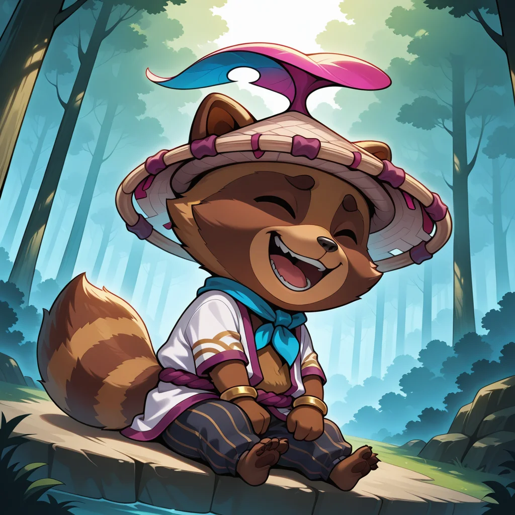 vibrant, beutiful quality, detailed background, <lora:teemo-v3-000014:1> wrtsblos, raccoon_boy, raccoon, 1boy, (plump:0.5), sitting
, traditional_clothes, ajirogasa hat, alternate_bracelet, white_robe, purple rope_belt, blue neckerchief, black_striped_pants, barefoot, laughing, dynamic angle, forest, solo, dynamic pose,