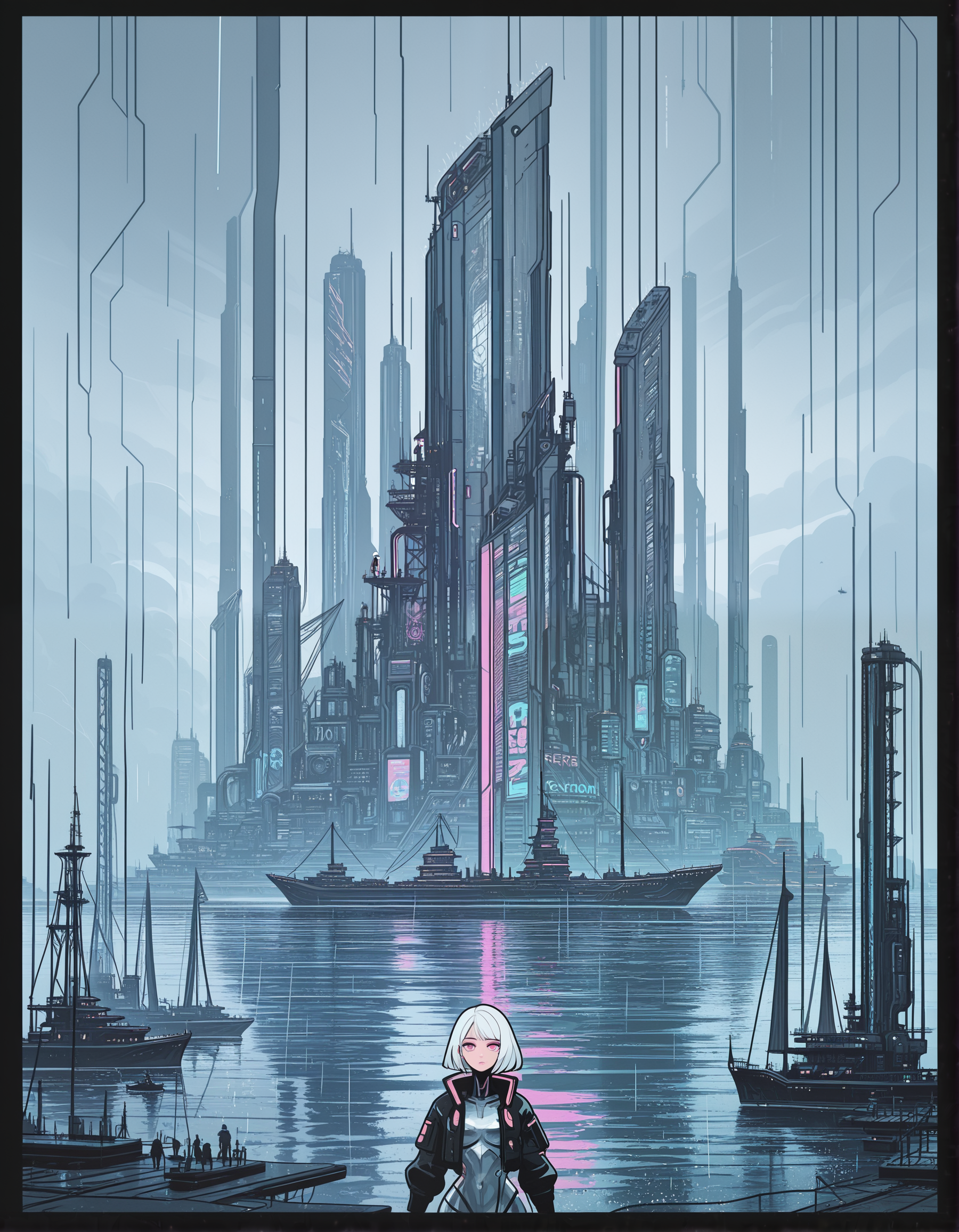 flat color, black outline, 1girl, close-up, upper body, cyberpunk, shorter white hair, pink eyes, silver metal body with intricate black accents, holographic blade, aesthetic face, wide hips, at a concrete shore, dystopian sci-fi city, gigantic architecture, buildings, skyscrapers, futuristic structures, colorful neon lights, ship port, cranes, overcast, rain, dark, eerie