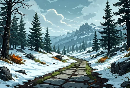 artistic cartoon comic {A skyrimlandscapes, snowy scenery background, trees, grass, dirt, grey overcast sky, on a stone path leading to a dungeon} . graphic illustration, comic art, graphic novel art, highly detailed, vibrant colors, 8k, sharp, professional, clear, high contrast, high saturated, vivid deep blacks, crystal clear,