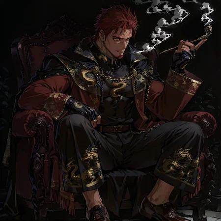 <lora:Kuza__Alchemist_Code-000005:.75> tagatamekuza, kuza_red hair, kuza_yellow eyes, 1boy, short hair, scar on nose, solo, male focus, manly, mature male, bara, muscular male, cape, coat, chain, fingerless gloves, holding smoking pipe, smoke, gold trim, dragon pattern, pants, shoes, fringe trim,
very short hair, male focus, muscular male, large pectorals, perfect abs, puffy nipples, muscular male, bara, mature, (hairy body, hairy, body hair, arm hair, leg hair, hairy body, glossy skin, bara, mature, facial hair, beard, full beard, sideburn, mustache, stubble, male pubic hair), facial hair, bara, mature, body hair, aixiwuganda_(20222192), very awa, masterpiece, best quality, absurdres, newest, perfect quality, detailed background, intricate details,, <lora:slider_Body Type_alpha1.0_rank4_noxattn_last:3><lora:Anime Summer Days 2 Style SDXL_LoRA_Pony Diffusion V6 XL:.6><lora:merged:.7>, DARK, DARK BACKGROUND, LOW-KEY LIGHTING <lora:slider_cfg_scale_boost:.7><lora:Artist6p:.55>, Artist6p, Artist04p,<lora:slider_il_brightness_slider_d1:-1><lora:slider_il_contrast_slider_d1:-.25>,<lora:slider_contract_controller_illus01_v1:.3>, <lora:addon_illustriousXLv01_stabilizer_v1.121:.5>,<lora:slider_DarkSlider1.2_alpha1.0_rank16_full_300steps:-.4><lora:Heavenly_Beauty_r1:1>, (heavenlybeauty,)<lora:slider_style_strength_controller_illus01_v1:.25>