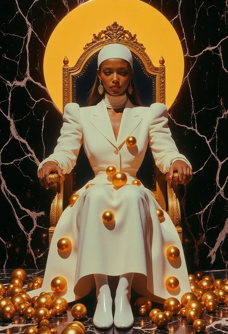 A retro futuristic lorenastyle woman sitting regally on an ornate, golden throne. I know it's weird but just put golden Christmas baubles everywhere please. The woman is dressed in a retro futuristic white nightgown. Big golden baubles are distributed on the woman's nightgown. The nightgown has long, puffy sleeves and a deep V-neckline, revealing a hint of cleavage. Her face is covered by a bridal veil. Her hair is long, cascading down her back in gentle waves. She is adorned with large, gold earrings that dangle elegantly, and she gazes directly at the camera with a serene slightly sad expression. The throne is massive and intricately designed with gold accents and intricate carvings, featuring a high back with a decorative crown at the top. There are many big golden baubles of different sizes around the throne and on the woman. The reason for the baubles is unclear. Behind her, a large, golden circle is illuminated, casting a warm, ethereal glow that highlights her and the throne. The background is a dark, mosaic wall with a glossy finish, adding to the luxurious and opulent atmosphere. I love random baubles, it's Christmas soon! The floor is also marble, with a black and gold pattern that complements the throne's color scheme. The overall composition exudes a sense of grandeur and royalty, blending elements of classical and modern aesthetics in a visually striking manner. retro futuristic clothing style, chromatic grain